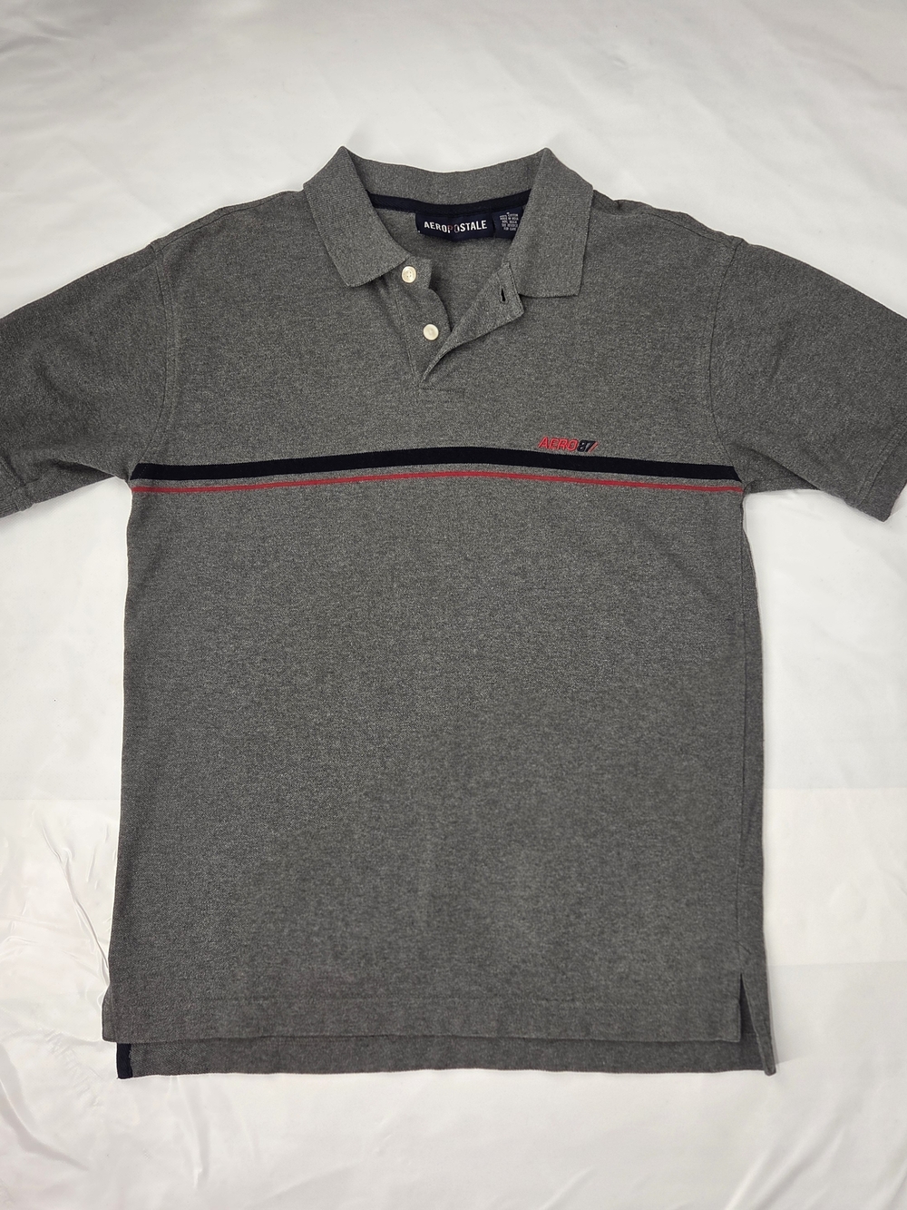 Vintage Y2K Aeropostale Gray Aero 87 Striped Polo Shirt Preppy S